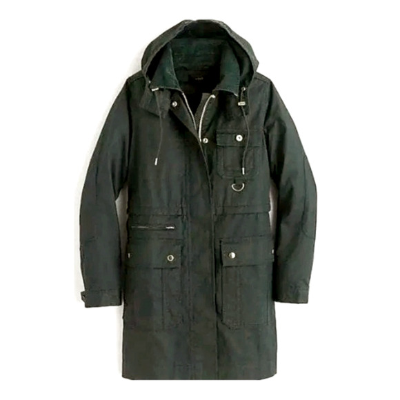 J Crew XS Waxed Cotton $240 Long Military Field Coat Hood Barn Jacket Army Green - Picture 1 of 13